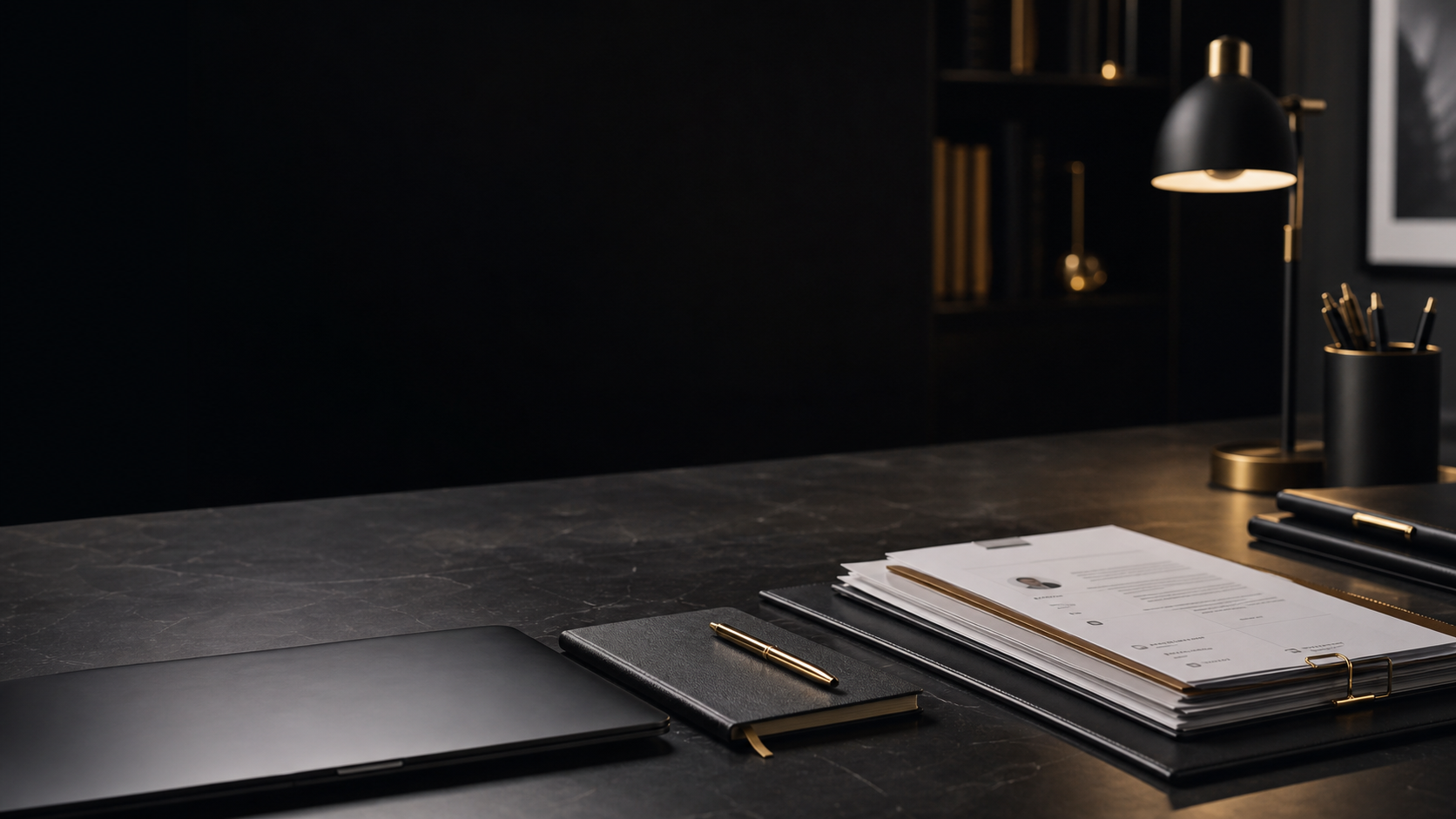 Professional desk with organized candidate materials, a laptop, and notes prepared for review
